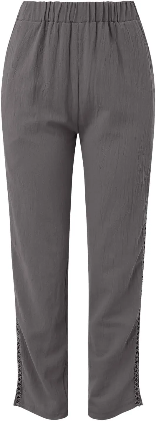 Striped Linen Pants Women Cropped Side Bottom Trim Elastic Waist Capris Lightweight Summer Beach Trousers with Pocket