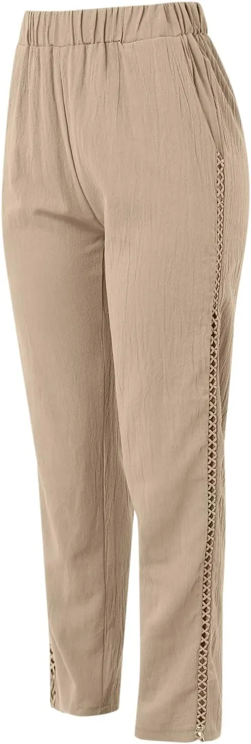 Striped Linen Pants Women Cropped Side Bottom Trim Elastic Waist Capris Lightweight Summer Beach Trousers with Pocket