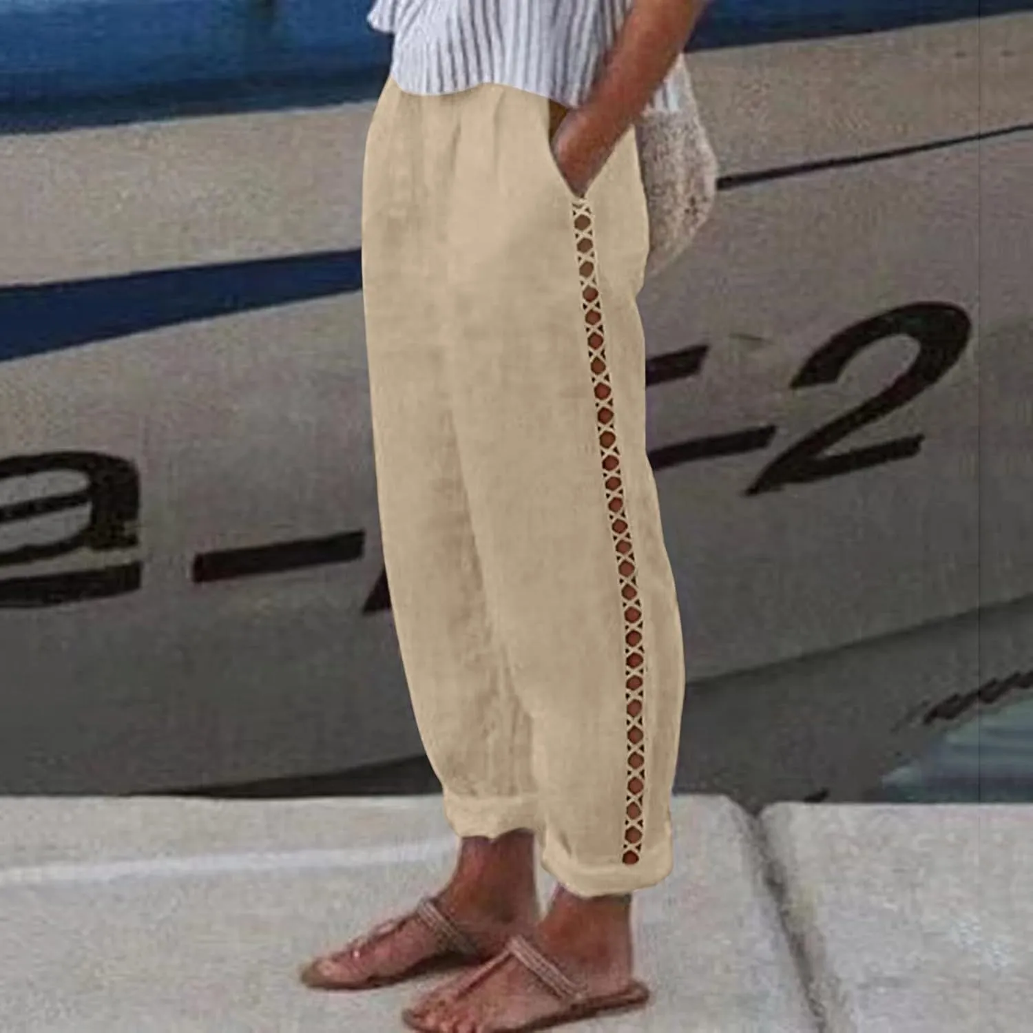 Striped Linen Pants Women Cropped Side Bottom Trim Elastic Waist Capris Lightweight Summer Beach Trousers with Pocket