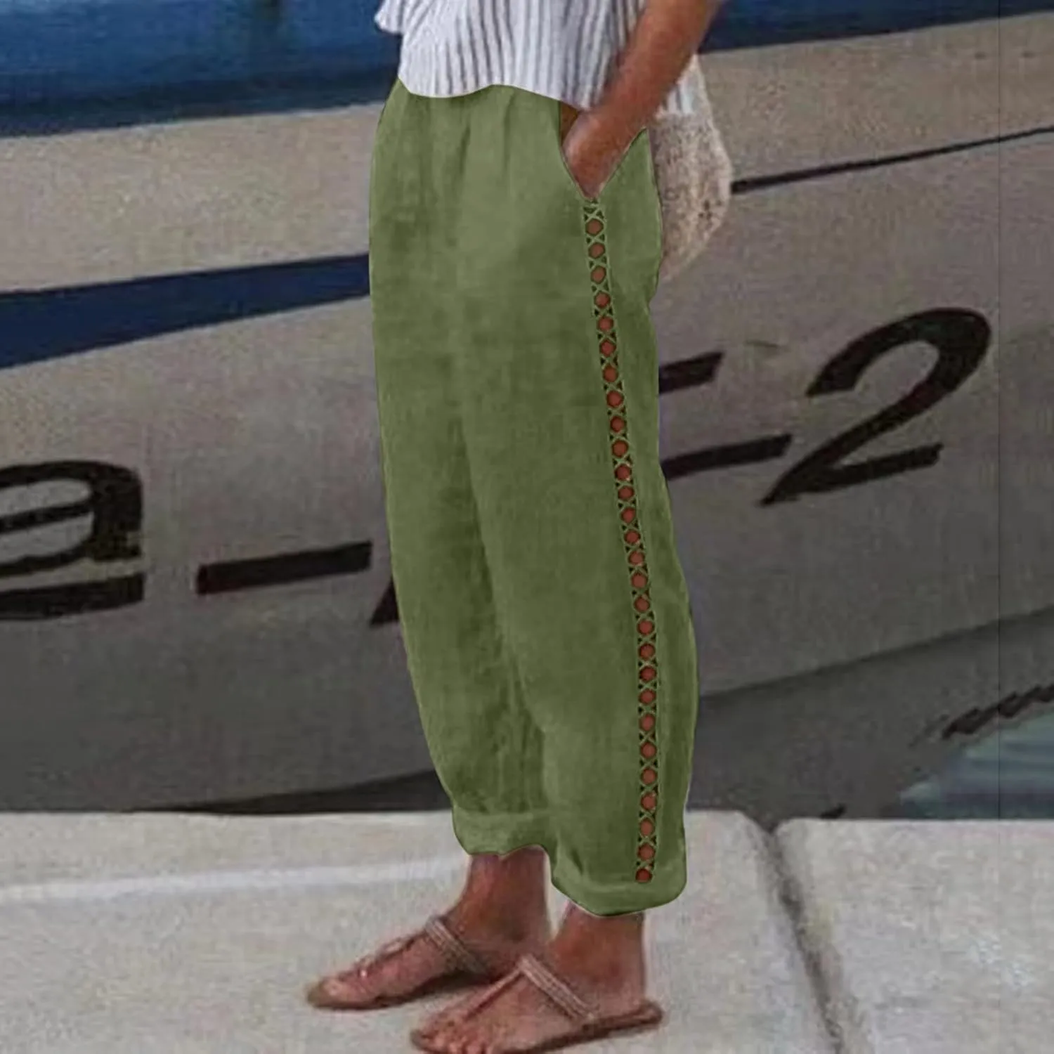 Striped Linen Pants Women Cropped Side Bottom Trim Elastic Waist Capris Lightweight Summer Beach Trousers with Pocket