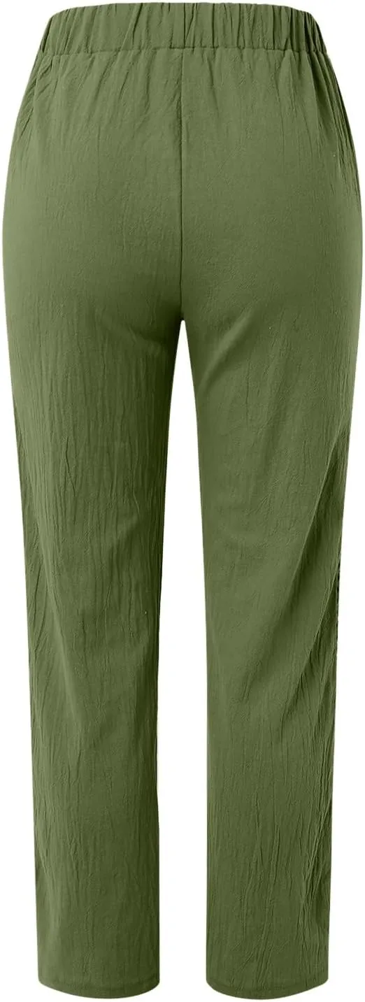 Striped Linen Pants Women Cropped Side Bottom Trim Elastic Waist Capris Lightweight Summer Beach Trousers with Pocket