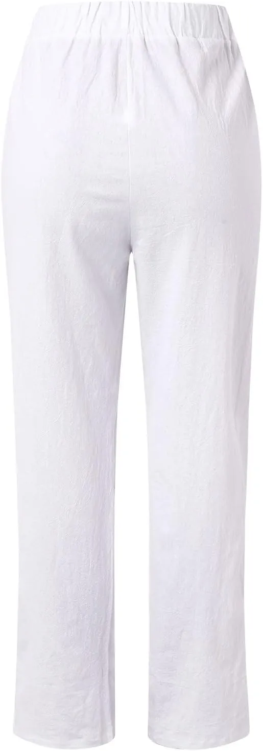 Striped Linen Pants Women Cropped Side Bottom Trim Elastic Waist Capris Lightweight Summer Beach Trousers with Pocket