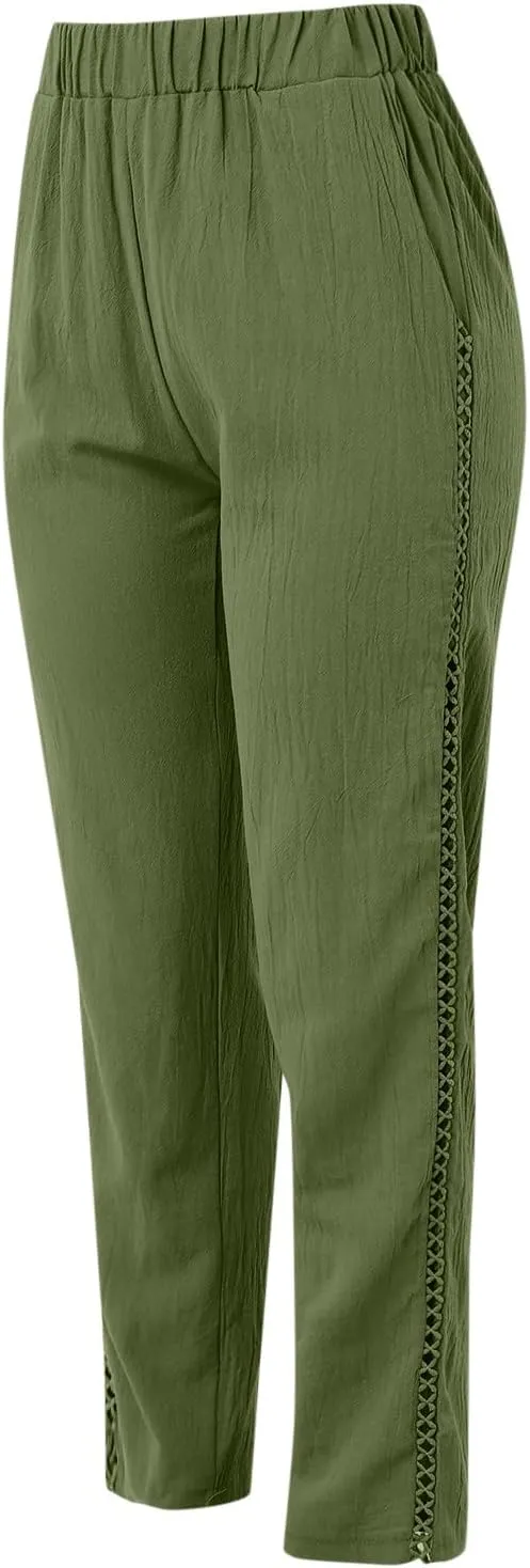 Striped Linen Pants Women Cropped Side Bottom Trim Elastic Waist Capris Lightweight Summer Beach Trousers with Pocket
