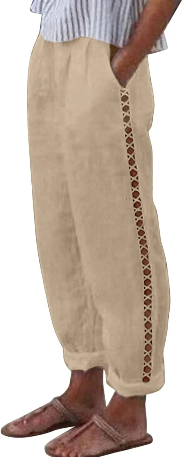 Striped Linen Pants Women Cropped Side Bottom Trim Elastic Waist Capris Lightweight Summer Beach Trousers with Pocket