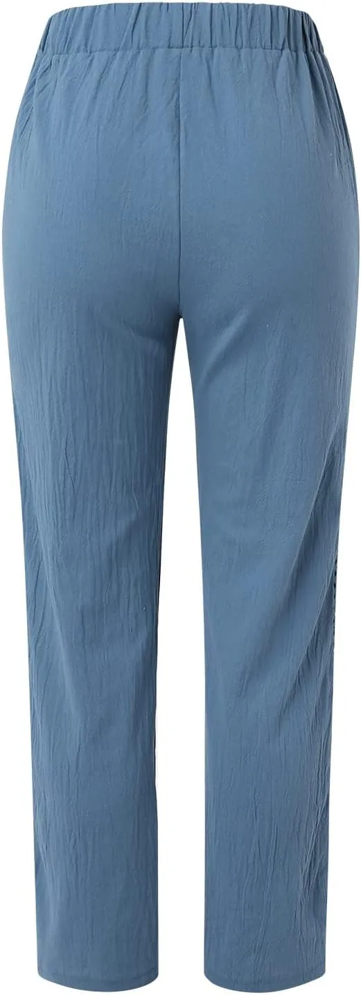 Striped Linen Pants Women Cropped Side Bottom Trim Elastic Waist Capris Lightweight Summer Beach Trousers with Pocket