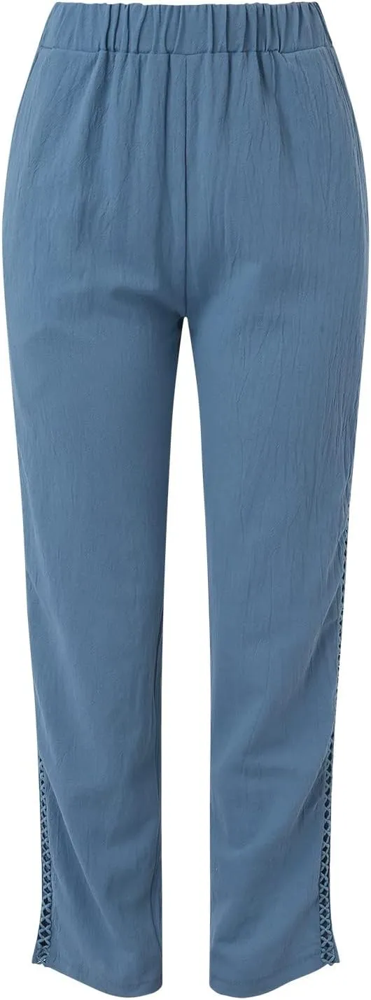 Striped Linen Pants Women Cropped Side Bottom Trim Elastic Waist Capris Lightweight Summer Beach Trousers with Pocket