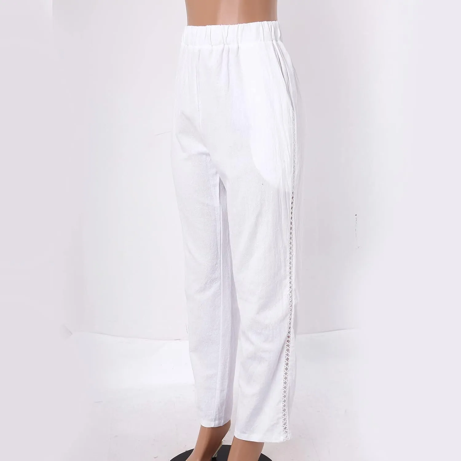 Striped Linen Pants Women Cropped Side Bottom Trim Elastic Waist Capris Lightweight Summer Beach Trousers with Pocket