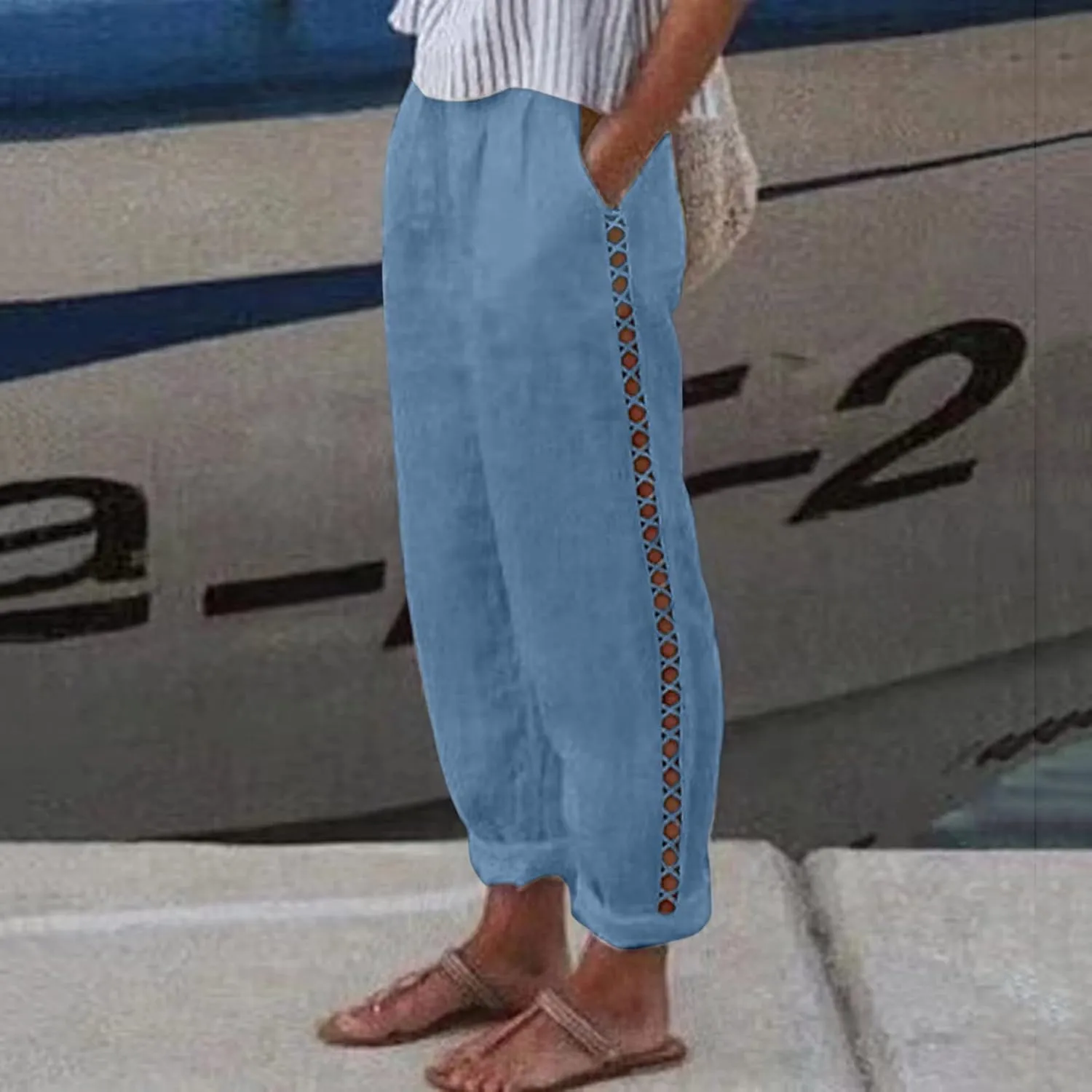 Striped Linen Pants Women Cropped Side Bottom Trim Elastic Waist Capris Lightweight Summer Beach Trousers with Pocket