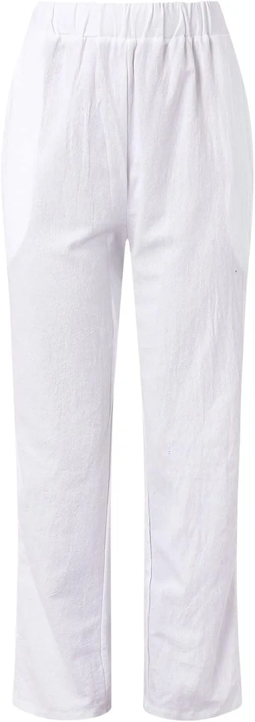 Striped Linen Pants Women Cropped Side Bottom Trim Elastic Waist Capris Lightweight Summer Beach Trousers with Pocket