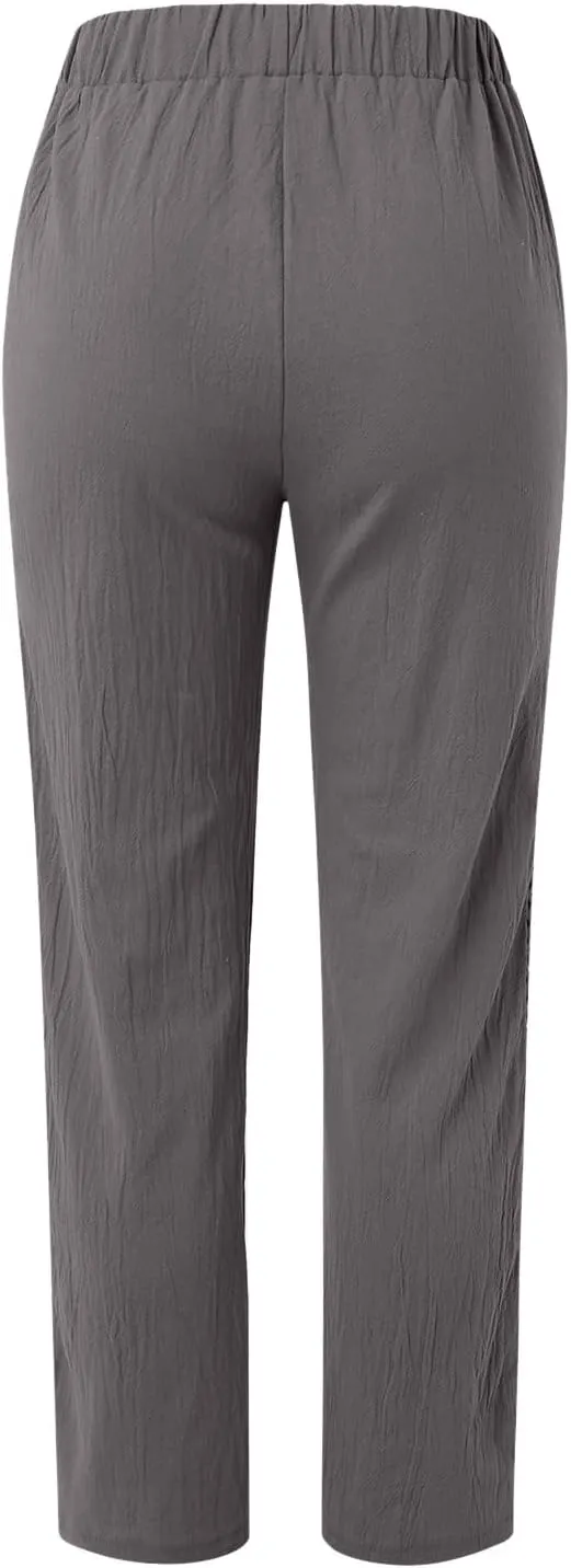 Striped Linen Pants Women Cropped Side Bottom Trim Elastic Waist Capris Lightweight Summer Beach Trousers with Pocket