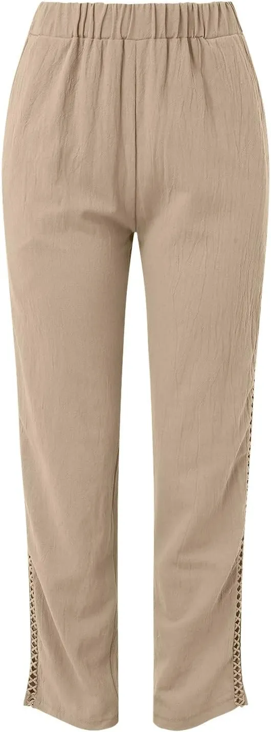 Striped Linen Pants Women Cropped Side Bottom Trim Elastic Waist Capris Lightweight Summer Beach Trousers with Pocket