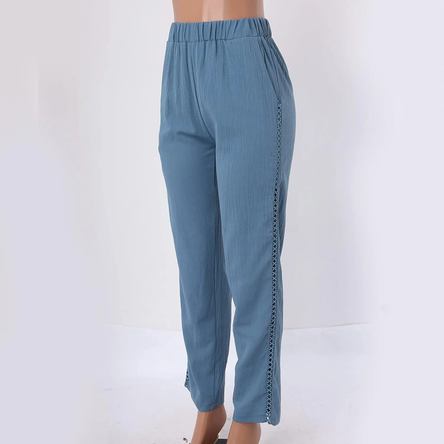 Striped Linen Pants Women Cropped Side Bottom Trim Elastic Waist Capris Lightweight Summer Beach Trousers with Pocket