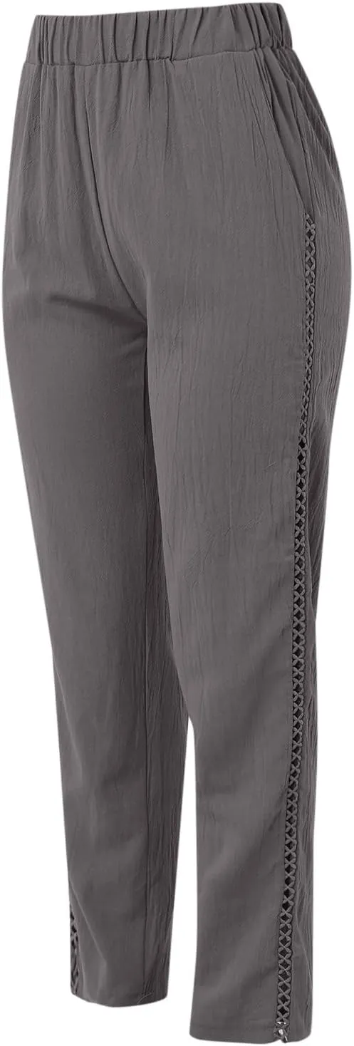 Striped Linen Pants Women Cropped Side Bottom Trim Elastic Waist Capris Lightweight Summer Beach Trousers with Pocket