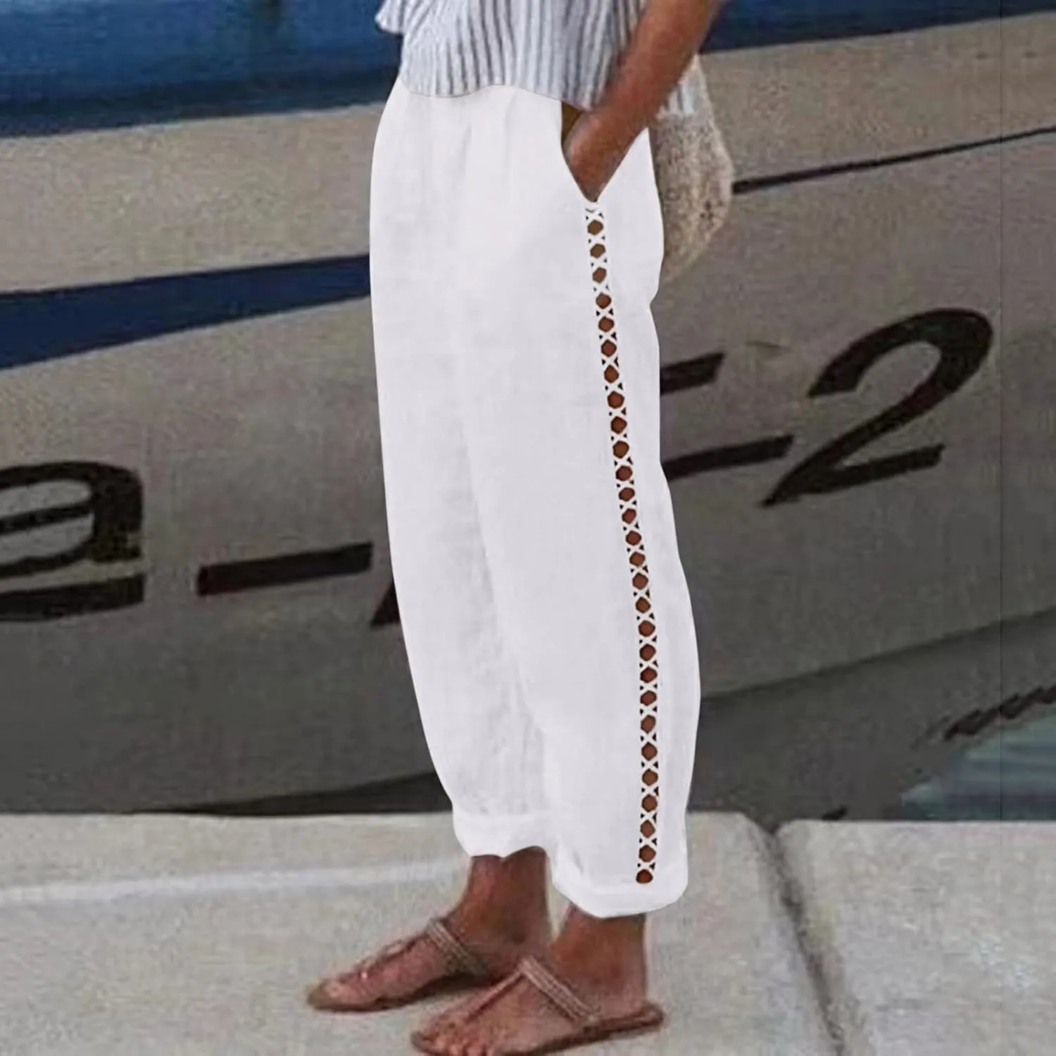 Striped Linen Pants Women Cropped Side Bottom Trim Elastic Waist Capris Lightweight Summer Beach Trousers with Pocket