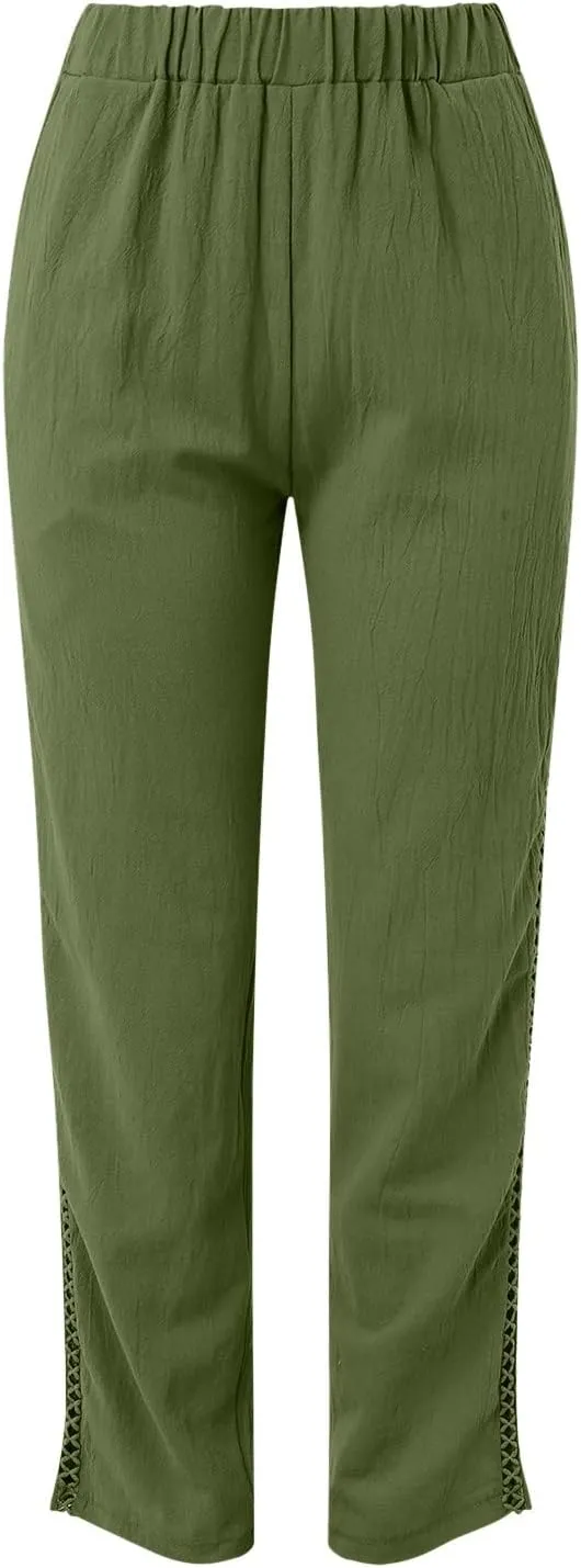 Striped Linen Pants Women Cropped Side Bottom Trim Elastic Waist Capris Lightweight Summer Beach Trousers with Pocket