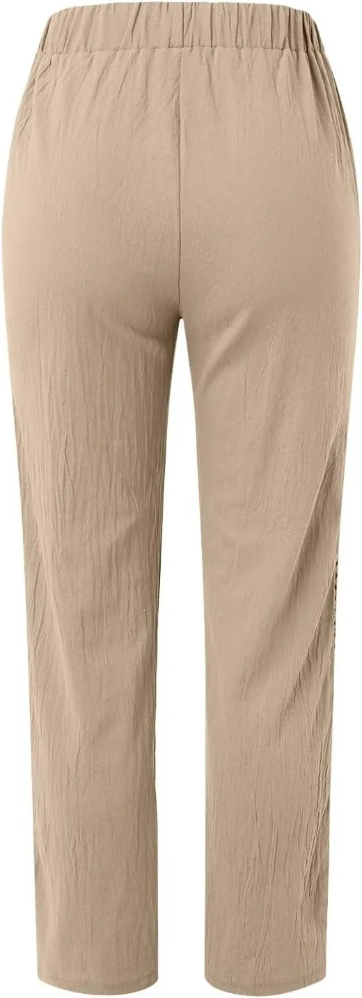 Striped Linen Pants Women Cropped Side Bottom Trim Elastic Waist Capris Lightweight Summer Beach Trousers with Pocket
