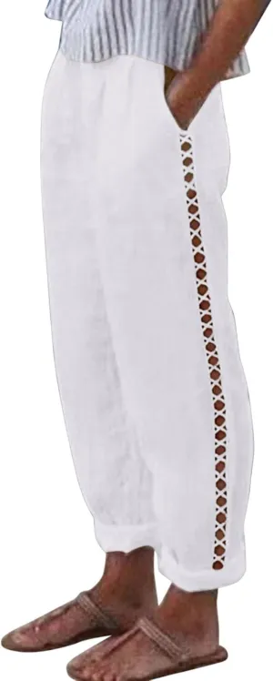 Striped Linen Pants Women Cropped Side Bottom Trim Elastic Waist Capris Lightweight Summer Beach Trousers with Pocket