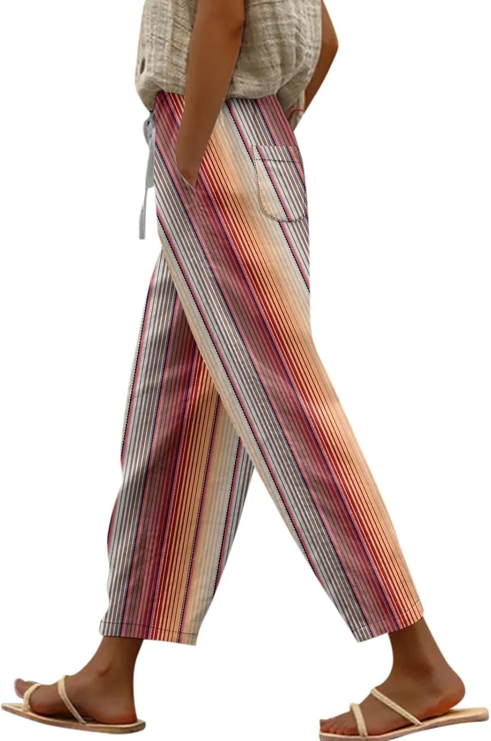 Striped Linen Pants Women Elastic Waist Trendy Drawstring Capri Pants Casual Loose Summer Beach Trouser