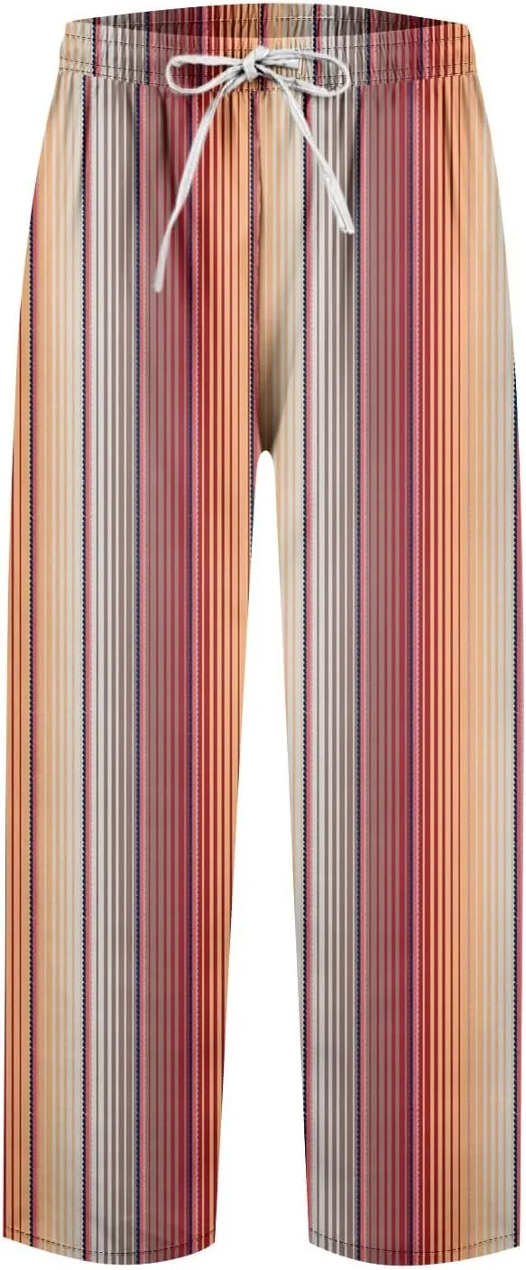 Striped Linen Pants Women Elastic Waist Trendy Drawstring Capri Pants Casual Loose Summer Beach Trouser