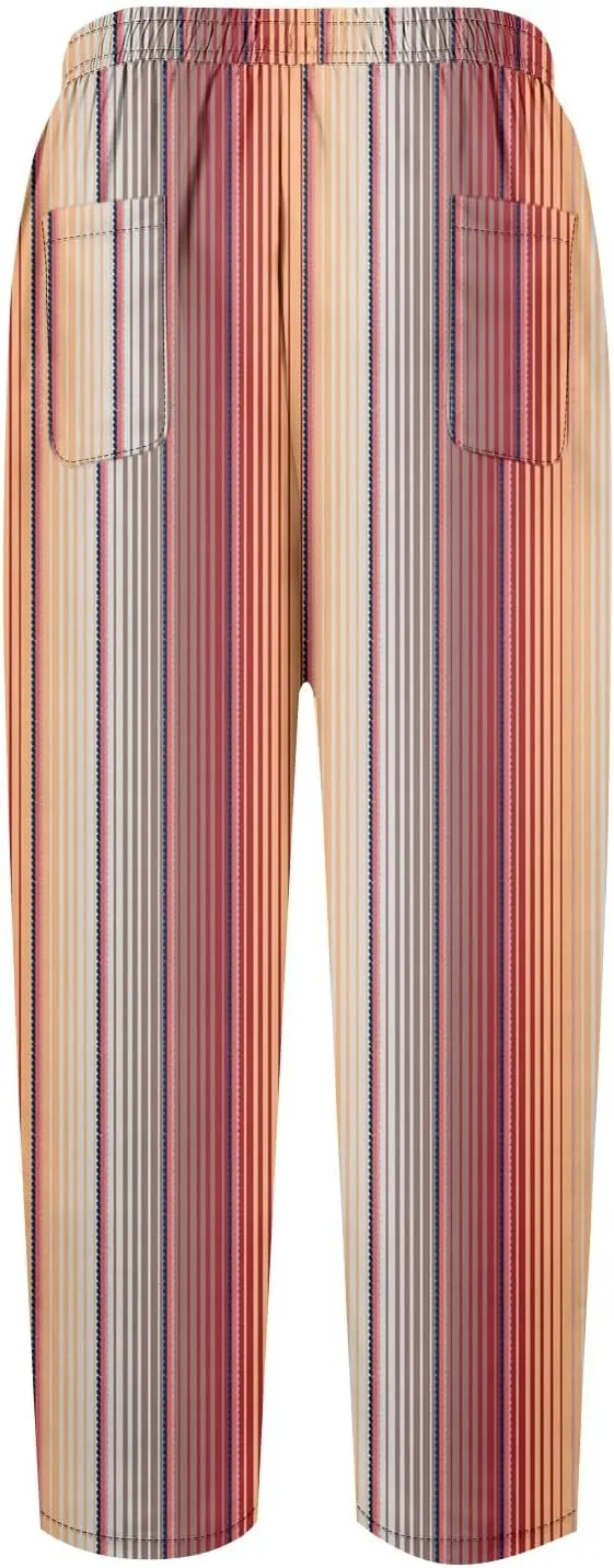 Striped Linen Pants Women Elastic Waist Trendy Drawstring Capri Pants Casual Loose Summer Beach Trouser
