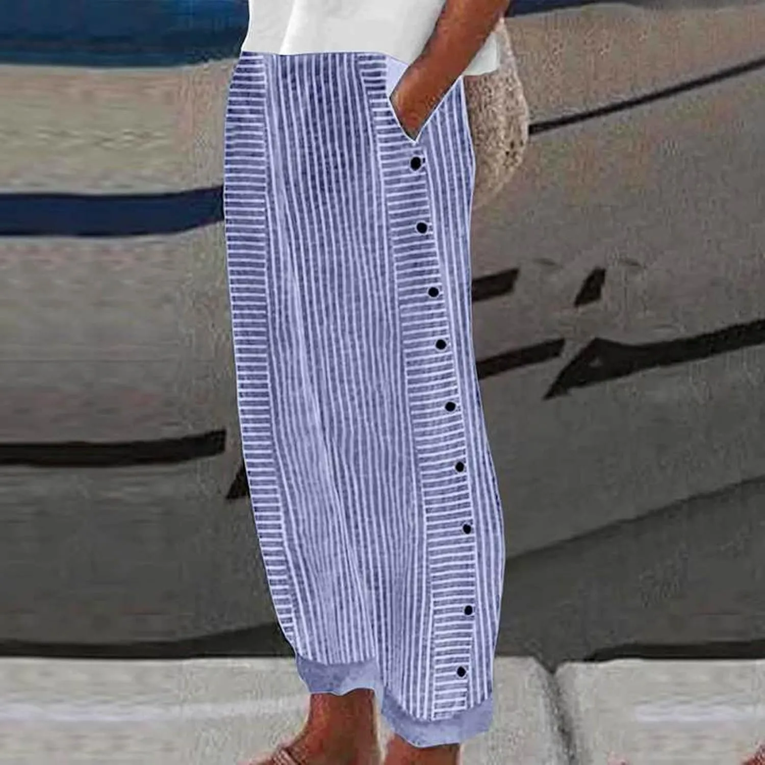 Striped Linen Pants Women Palazzo Capris Lightweight Spring Summer Flowy Pant 2025 Ladies Pinstripe Beach Pants