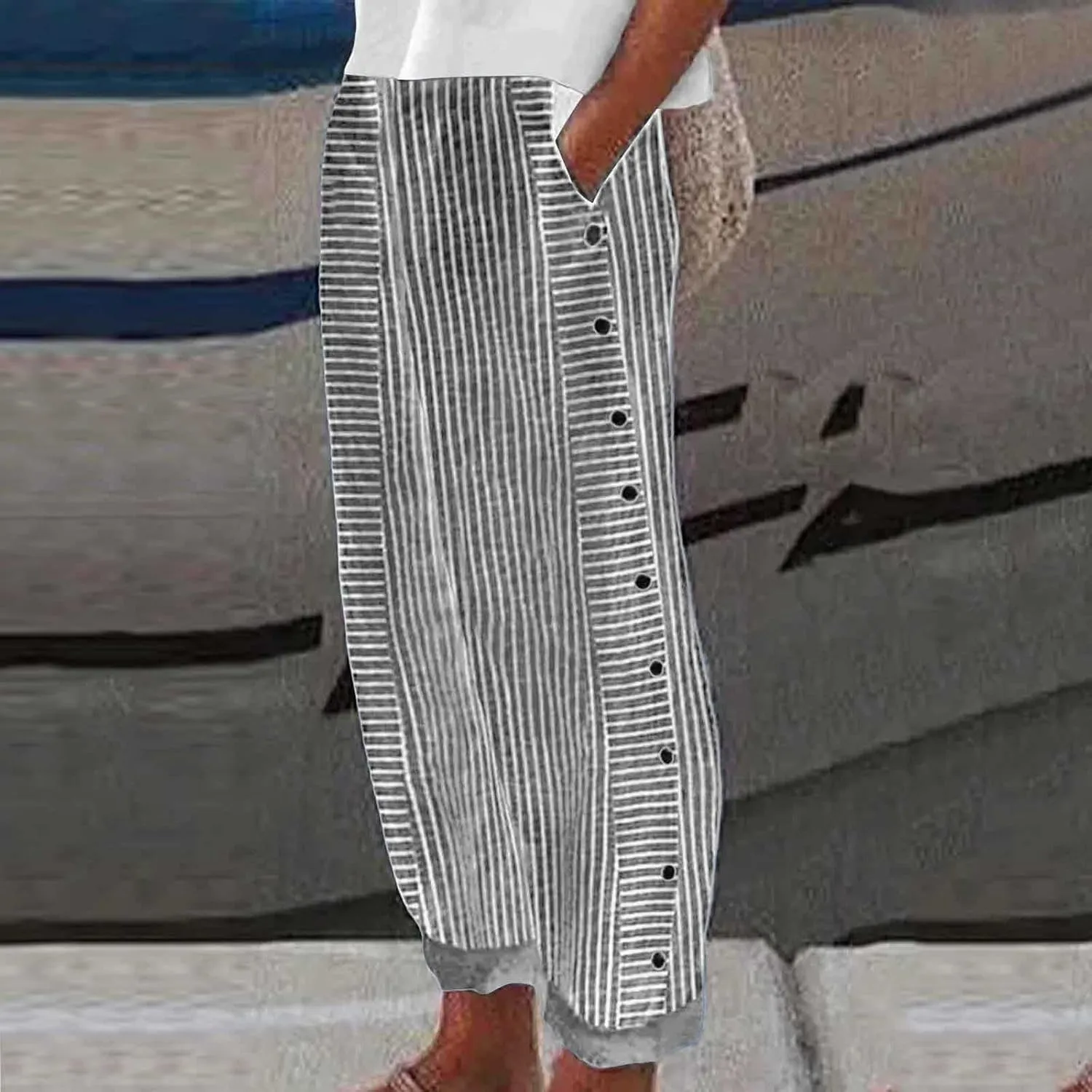 Striped Linen Pants Women Palazzo Capris Lightweight Spring Summer Flowy Pant 2025 Ladies Pinstripe Beach Pants