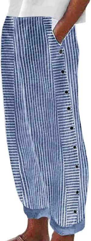 Striped Pants for Women Side Button Baggy Elastic Waist Straight Leg Trousers Beach Casual Pants with Pockets