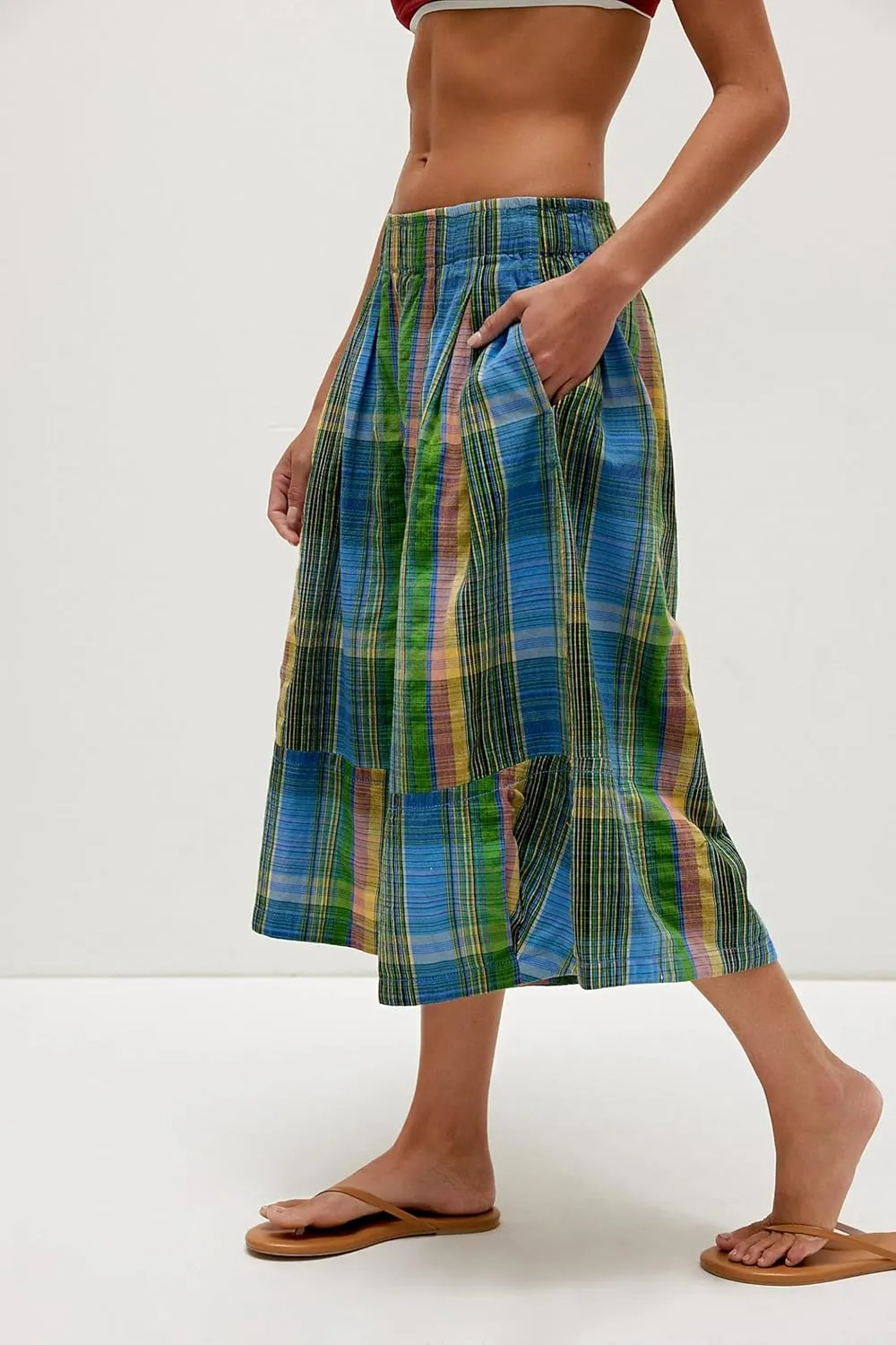 Summer Boho Wide Leg Culotte Pants for Women Casual Loose Elastic Waisted Palazzo Trousers Plaid Capris with Pockets