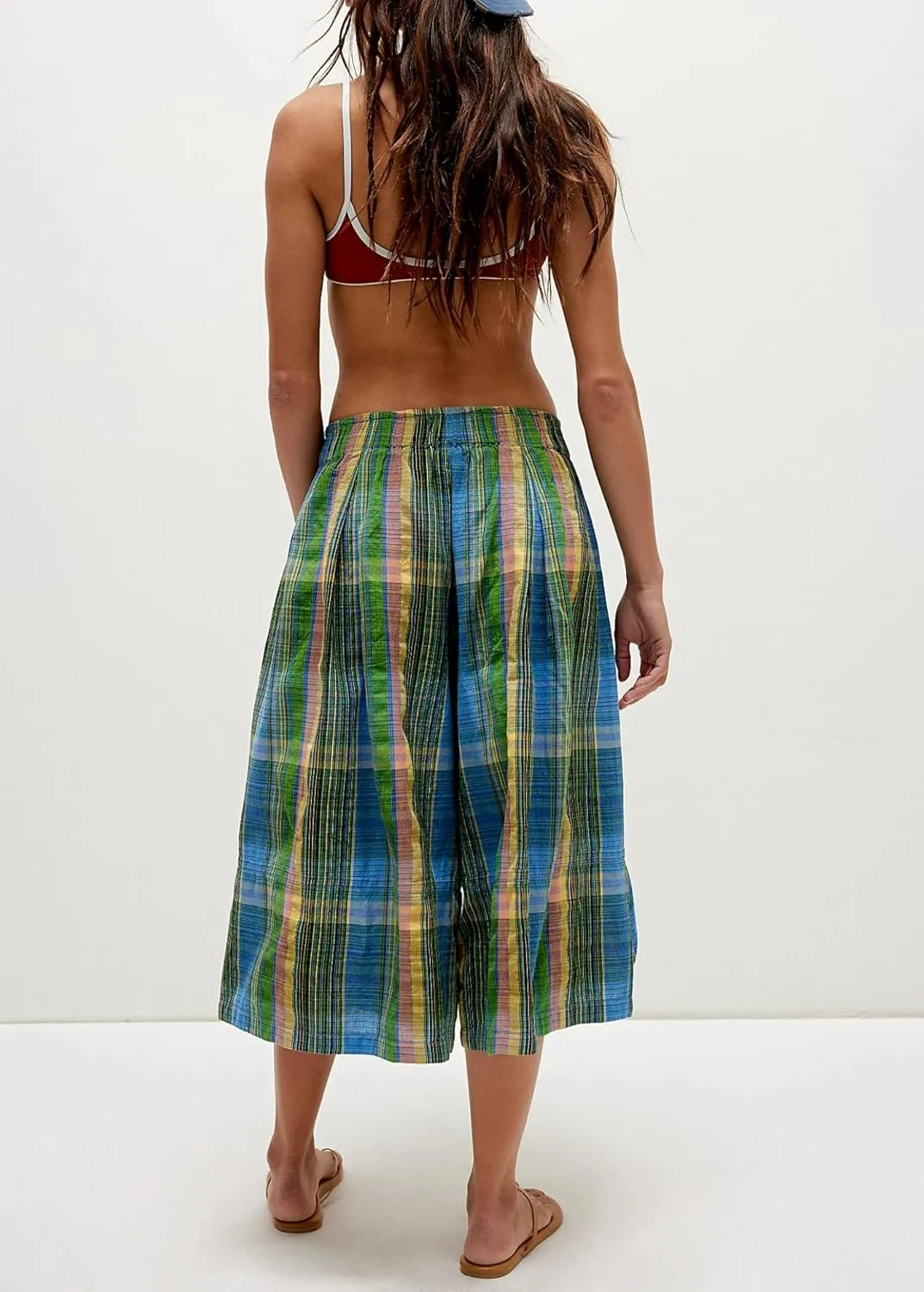Summer Boho Wide Leg Culotte Pants for Women Casual Loose Elastic Waisted Palazzo Trousers Plaid Capris with Pockets