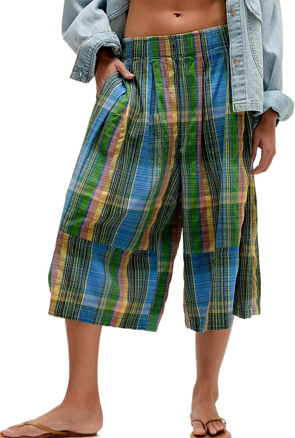 Summer Boho Wide Leg Culotte Pants for Women Casual Loose Elastic Waisted Palazzo Trousers Plaid Capris with Pockets