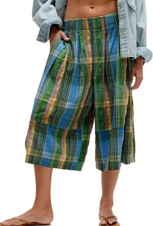 Summer Boho Wide Leg Culotte Pants for Women Casual Loose Elastic Waisted Palazzo Trousers Plaid Capris with Pockets