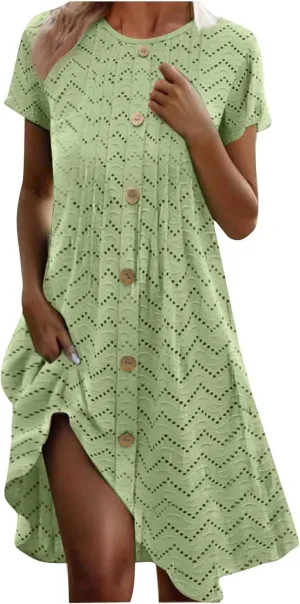 Summer Dresses for Women 2025 Trendy Crew Neck Eyelet Short Sleeve Maxi Dress Boho Beach Vacation Sundress with Pocket