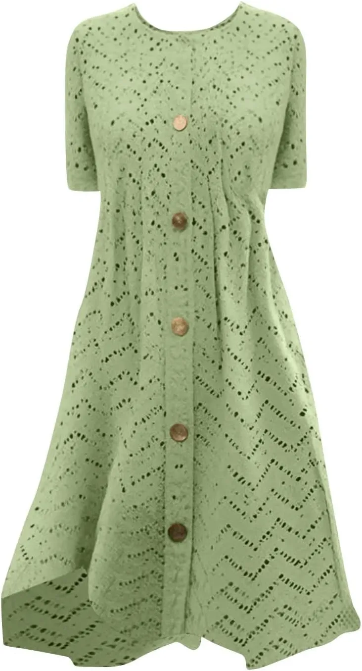 Summer Dresses for Women 2025 Trendy Crew Neck Eyelet Short Sleeve Maxi Dress Boho Beach Vacation Sundress with Pocket
