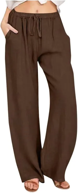 Summer Pants for Women Casual 2025 Trendy Drawstring Elastic High Waist Linen Pant Straight Wide Leg Cropped Trousers