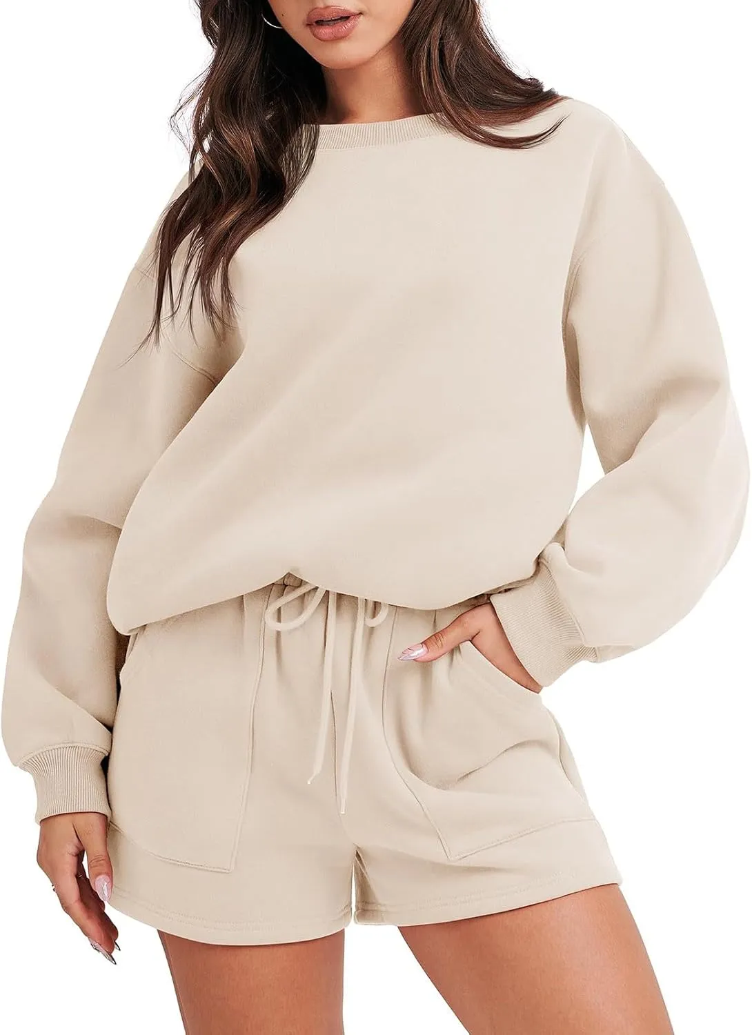 Sweat Sets For Women 2 Piece Outfits Casual Long Sleeve Oversized Sweatshirt With Shorts Matching Lounge Set Sweatsuit