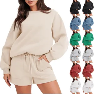 Sweat Sets For Women 2 Piece Outfits Casual Long Sleeve Oversized Sweatshirt With Shorts Matching Lounge Set Sweatsuit