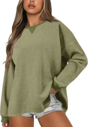 Sweatshirt for Women Loose Waffle Crew Neck Long Sleeve Pullover Tops Soft Oversized Workout Shirts Fall Clothes
