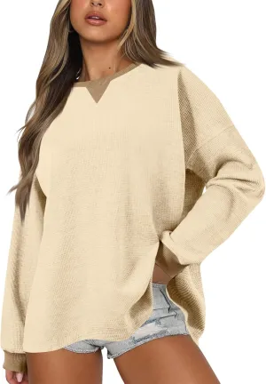 Sweatshirt for Women Loose Waffle Crew Neck Long Sleeve Pullover Tops Soft Oversized Workout Shirts Fall Clothes
