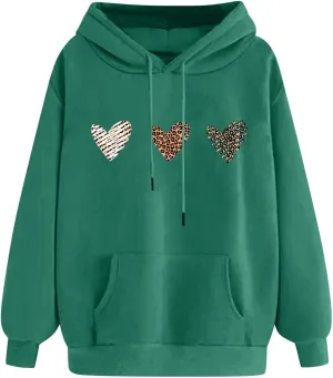 Sweatshirts for Women Casual Long Sleeve Heart Graphic Hoodies Cute Drawstring Oversized Pullover Tops with Pocket