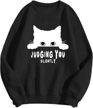 Sweatshirts for Women Loose Fit Funny Cat Print Graphic Hoodie Crew Neck Long Sleeve Oversized Hoodie Fall Trendy