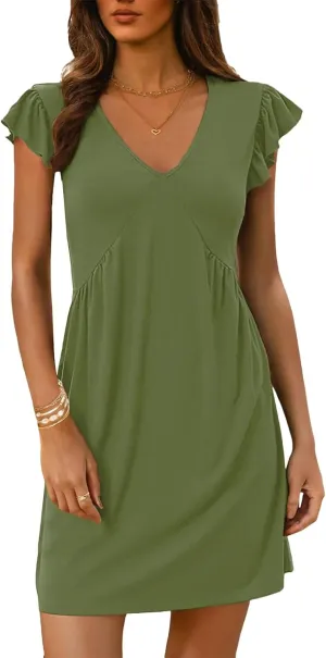 Tank Dresses for Women 2025 Deep V Neck Ruffle Sleeve Mini Dress Summer Casual Sexy Tunic Vacation Holiday Dresses