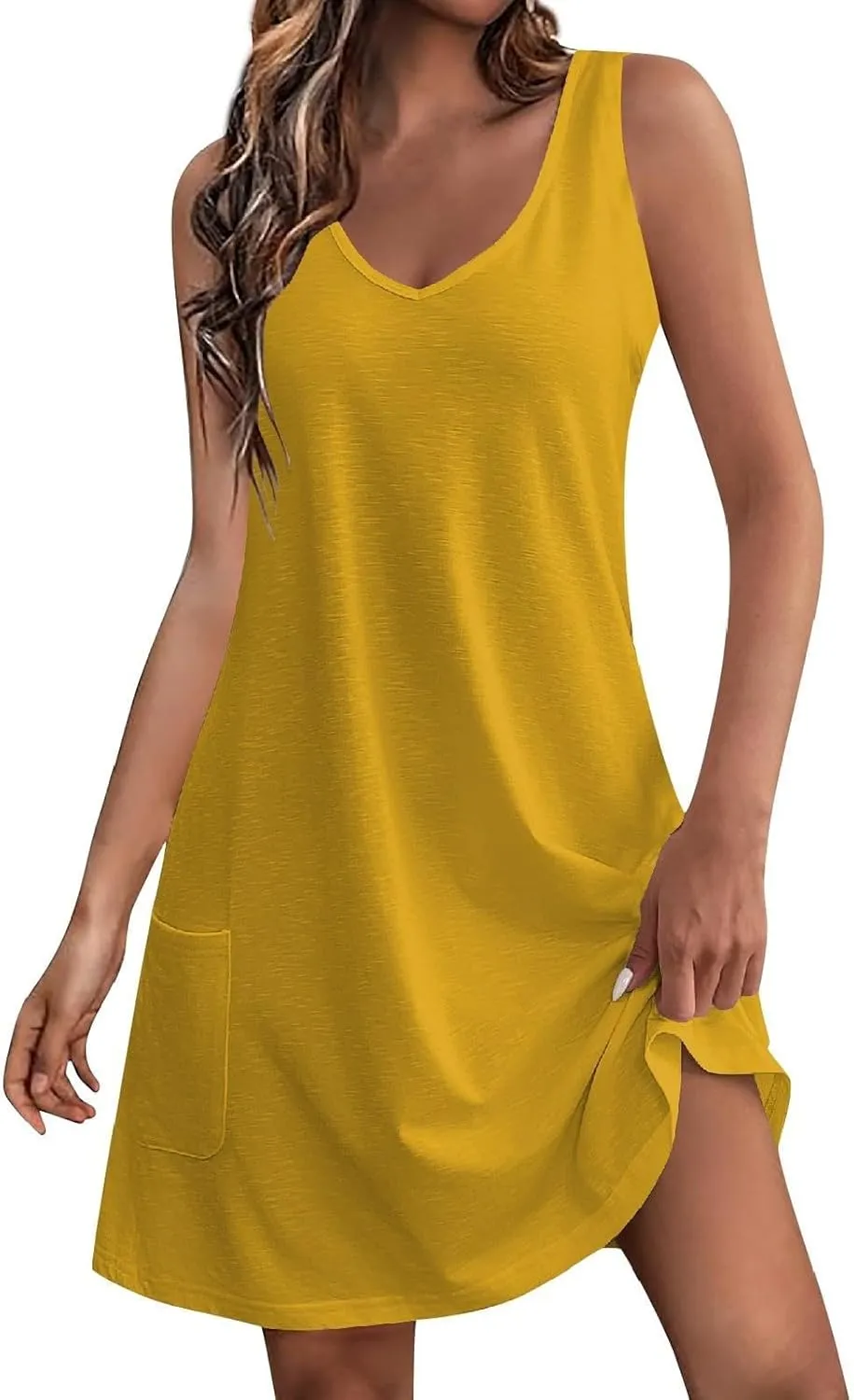 Tank Dresses with Pockets for Women Beach Boho V Neck Sleeveless Tshirt Dress Casual Loose Flowy Solid Travel Sundress