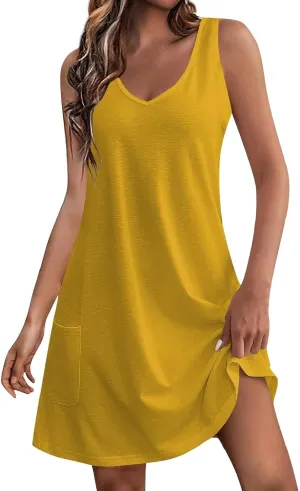 Tank Dresses with Pockets for Women Beach Boho V Neck Sleeveless Tshirt Dress Casual Loose Flowy Solid Travel Sundress