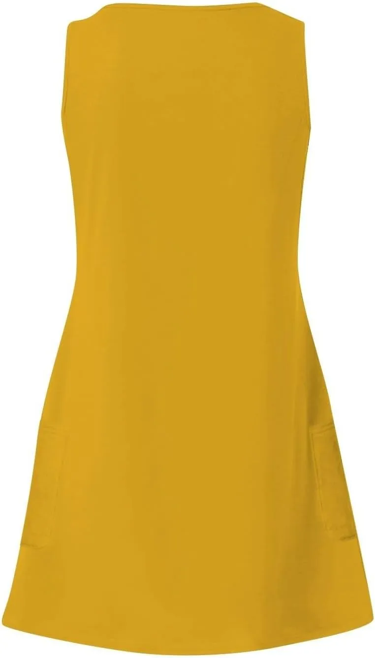 Tank Dresses with Pockets for Women Beach Boho V Neck Sleeveless Tshirt Dress Casual Loose Flowy Solid Travel Sundress