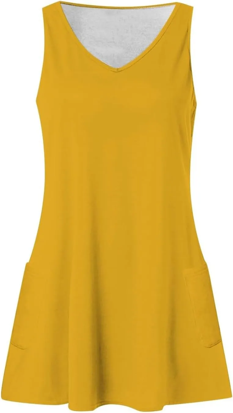 Tank Dresses with Pockets for Women Beach Boho V Neck Sleeveless Tshirt Dress Casual Loose Flowy Solid Travel Sundress
