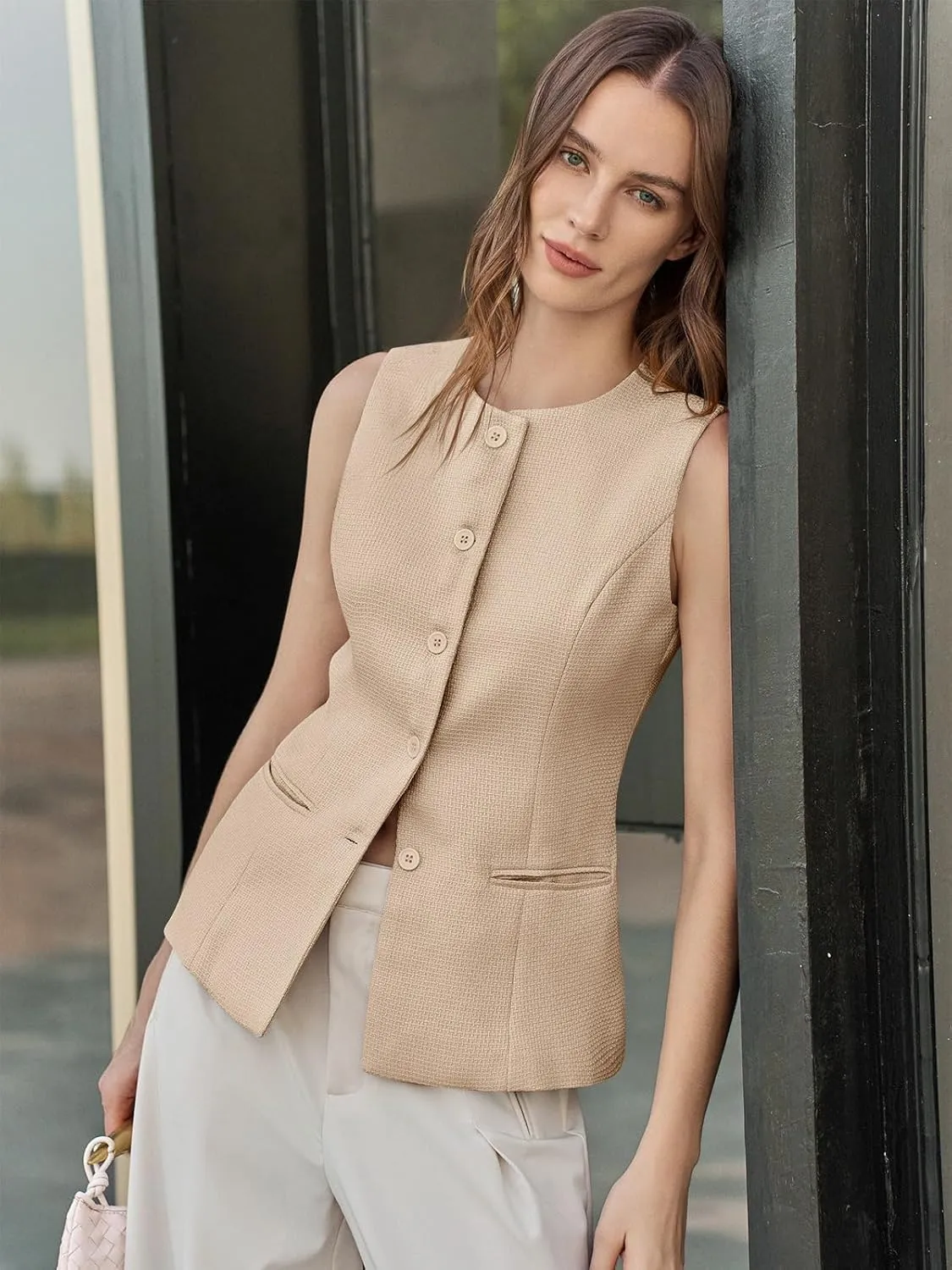 Tankaneo Womens Tweed Sleeveless Vest Crew Neck Button Down Fitted Blazer Vest Tops Work Casual Waistcoat