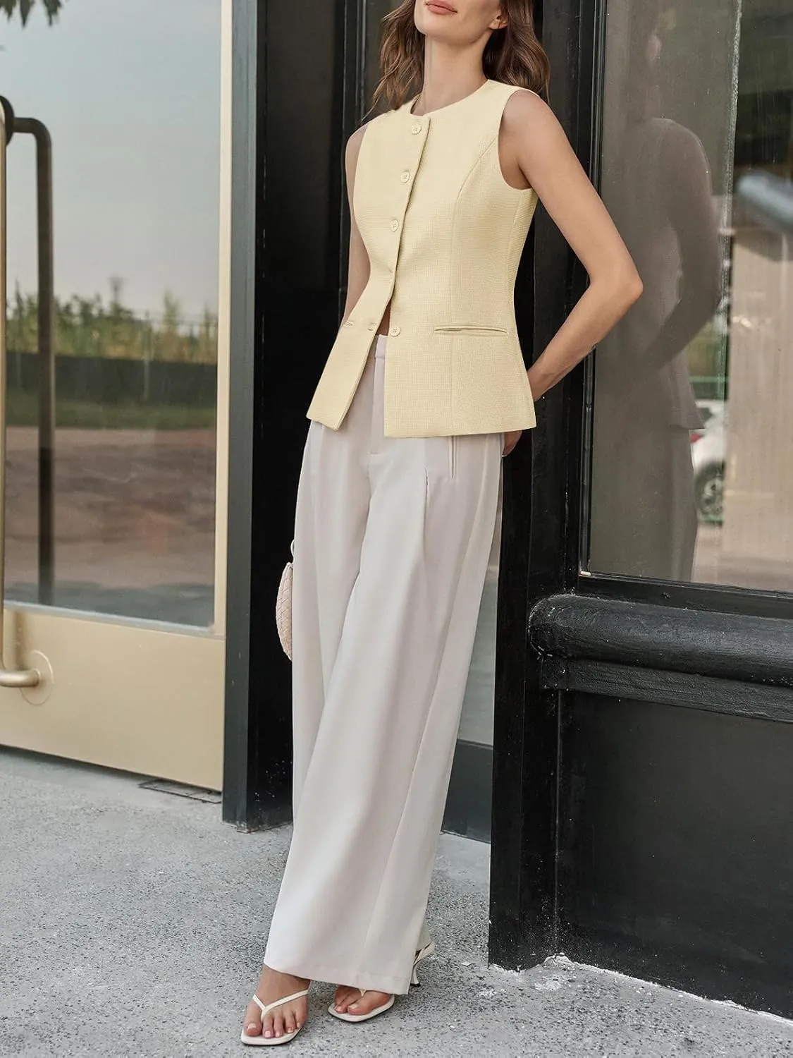 Tankaneo Womens Tweed Sleeveless Vest Crew Neck Button Down Fitted Blazer Vest Tops Work Casual Waistcoat