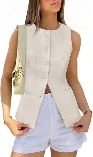 Tankaneo Womens Tweed Sleeveless Vest Crew Neck Button Down Fitted Blazer Vest Tops Work Casual Waistcoat