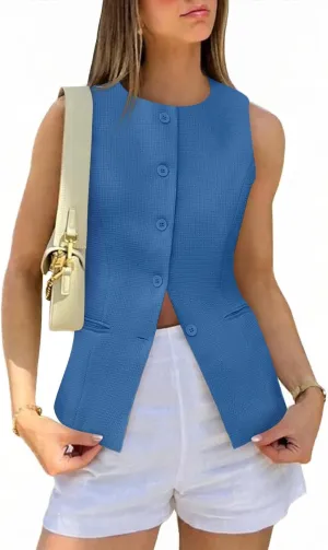 Tankaneo Womens Tweed Sleeveless Vest Crew Neck Button Down Fitted Blazer Vest Tops Work Casual Waistcoat