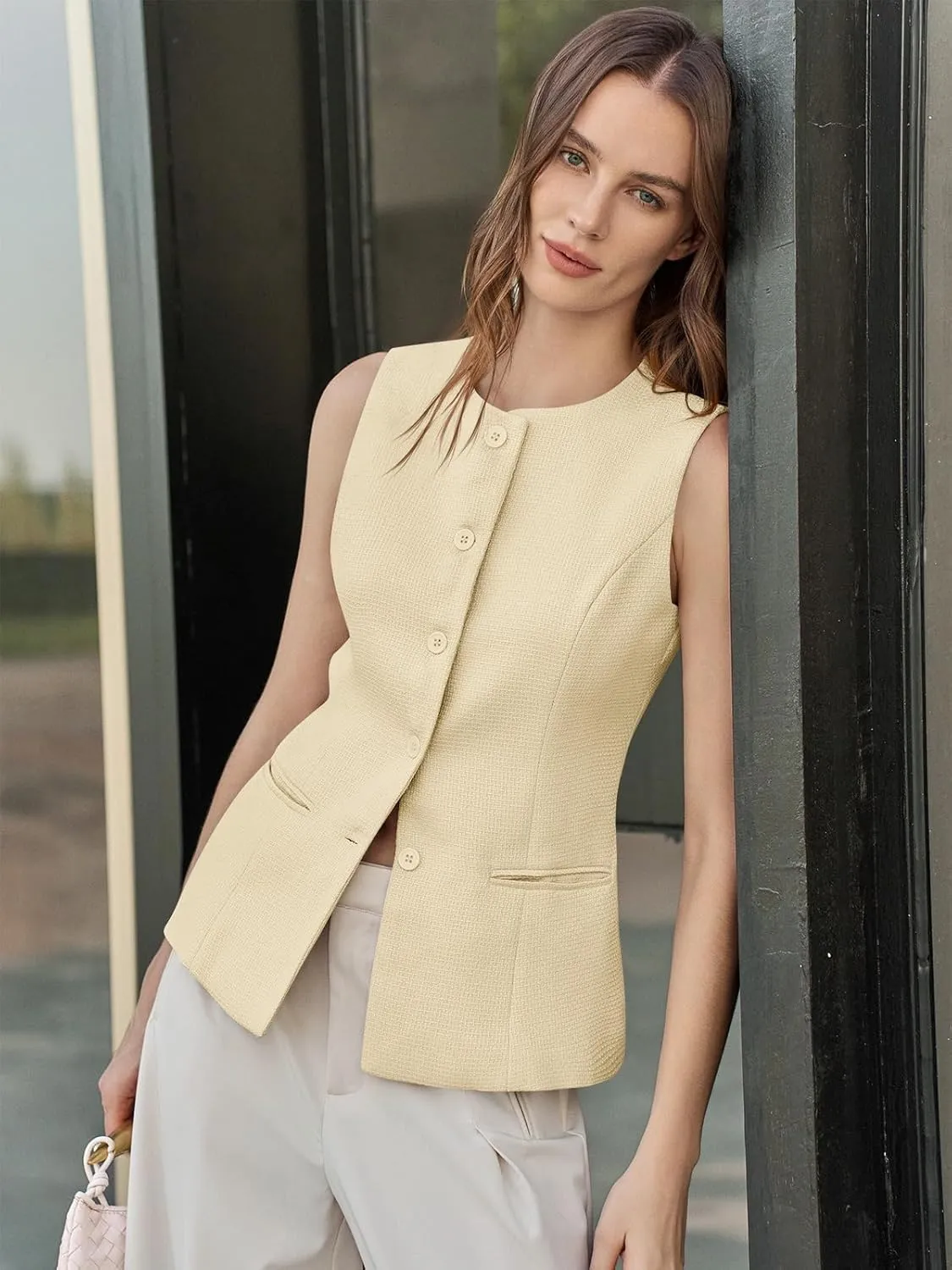 Tankaneo Womens Tweed Sleeveless Vest Crew Neck Button Down Fitted Blazer Vest Tops Work Casual Waistcoat